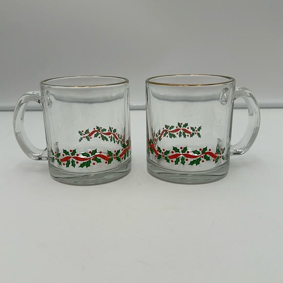 Libbey Glass Coffee Mugs Christmas Holly & Ribbon set of 2 - Picture 1 of 16